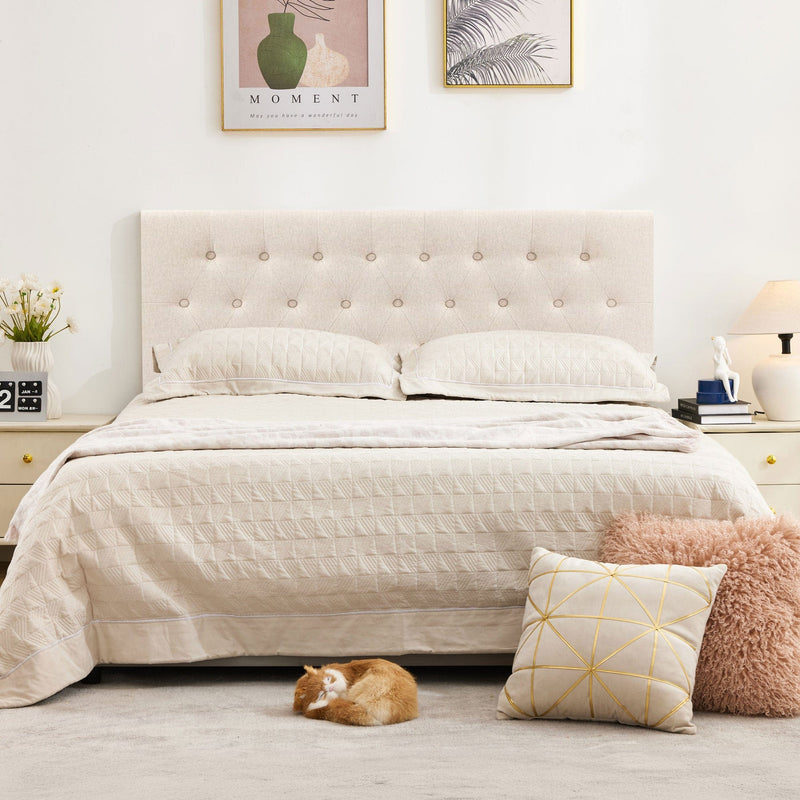 JONPONY Tufted Upholstered Headboard Queen Size, Solid Wood Head Board with Adjustable Height Headboard from 37" to 51",Bed Frame Adapters,Beige,Headboard Only