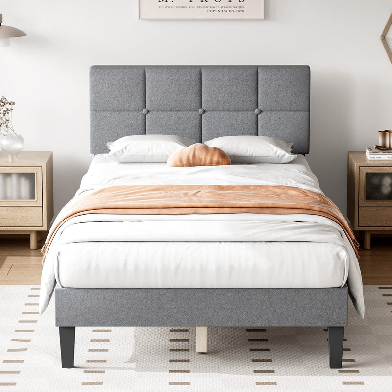 JONPONY Upholstered Platform Bed Frame with Linen/Fabric Headboard, 800LBS Wooden Slat Support, No Box Spring Needed, Noise Free, Easy Assembly