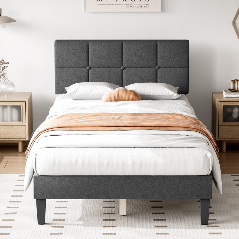 JONPONY Upholstered Platform Bed Frame with Linen/Fabric Headboard, 800LBS Wooden Slat Support, No Box Spring Needed, Noise Free, Easy Assembly
