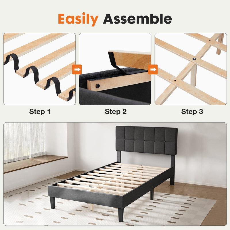 JONPONY Upholstered Platform Bed Frame with Linen/Fabric Headboard, 800LBS Wooden Slat Support, No Box Spring Needed, Noise Free, Easy Assembly