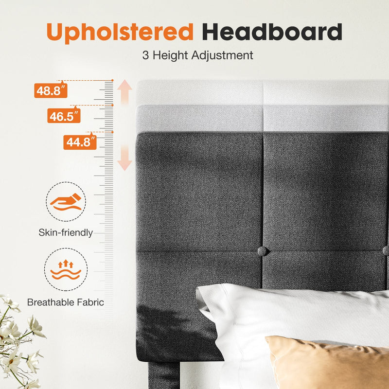 JONPONY Upholstered Platform Bed Frame with Linen/Fabric Headboard, 800LBS Wooden Slat Support, No Box Spring Needed, Noise Free, Easy Assembly
