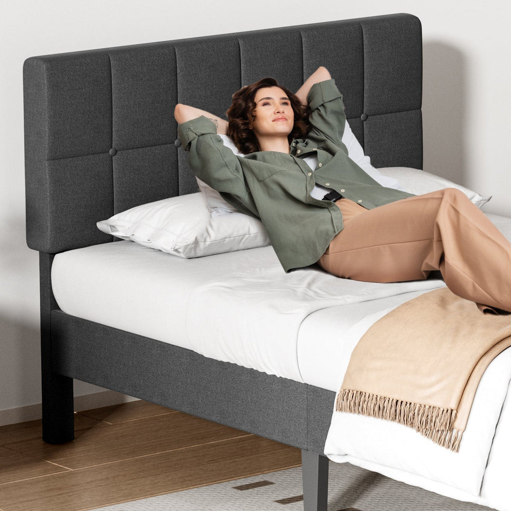 JONPONY Upholstered Platform Bed Frame with Linen/Fabric Headboard, 800LBS Wooden Slat Support, No Box Spring Needed, Noise Free, Easy Assembly