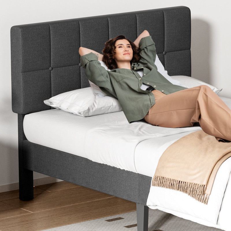 JONPONY Upholstered Platform Bed Frame with Linen/Fabric Headboard, 800LBS Wooden Slat Support, No Box Spring Needed, Noise Free, Easy Assembly