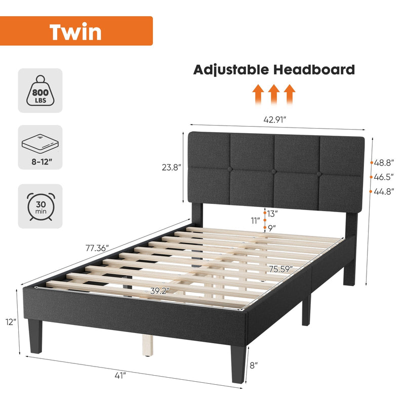 JONPONY Upholstered Platform Bed Frame with Linen/Fabric Headboard, 800LBS Wooden Slat Support, No Box Spring Needed, Noise Free, Easy Assembly