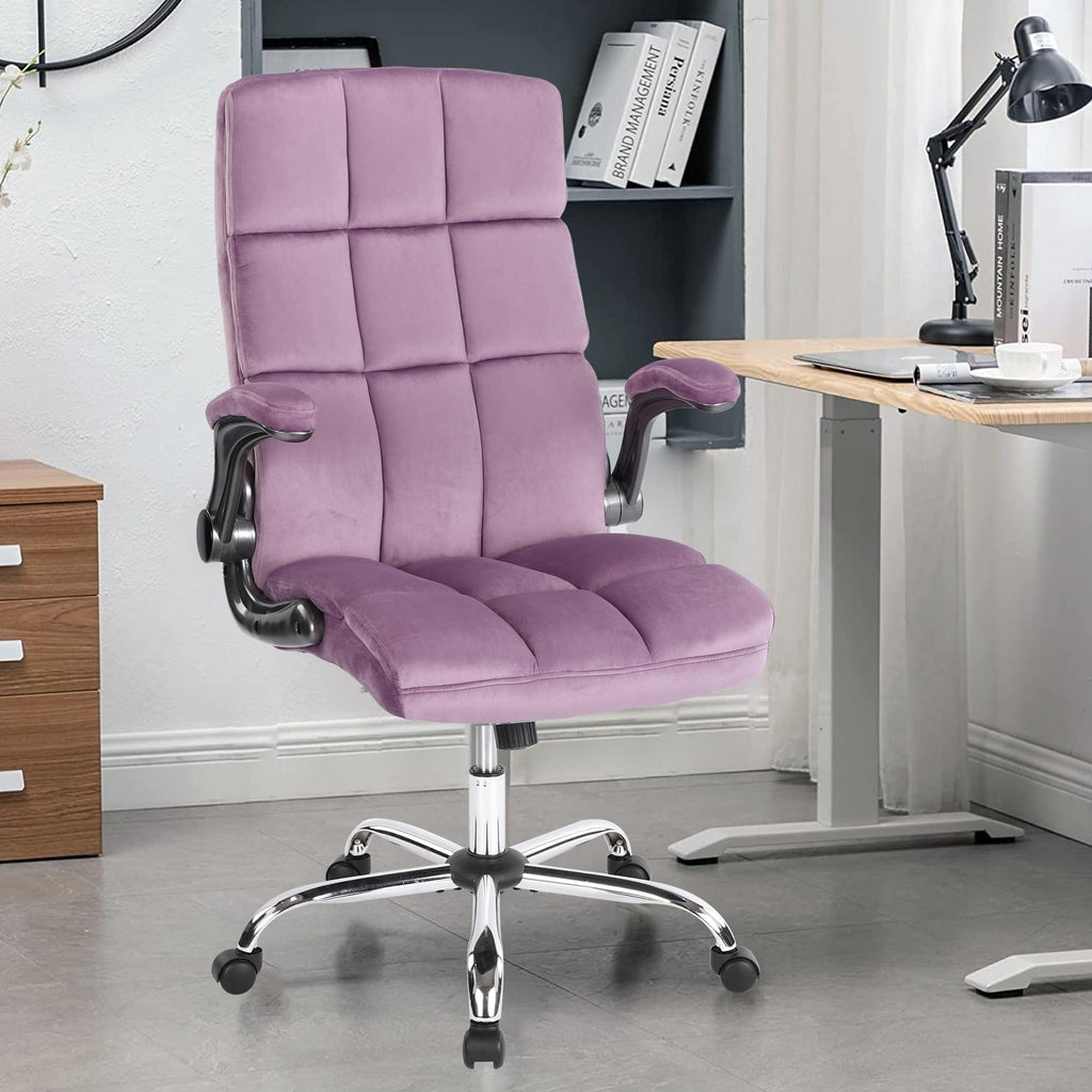 JONPONY Velvet Office Chairs with Flip up Armrests, Comfy Fabric Home Office Desk Chair with Wheels, Height Adjustable 360° Swivel Rocking Ergonomic Executive Chairs