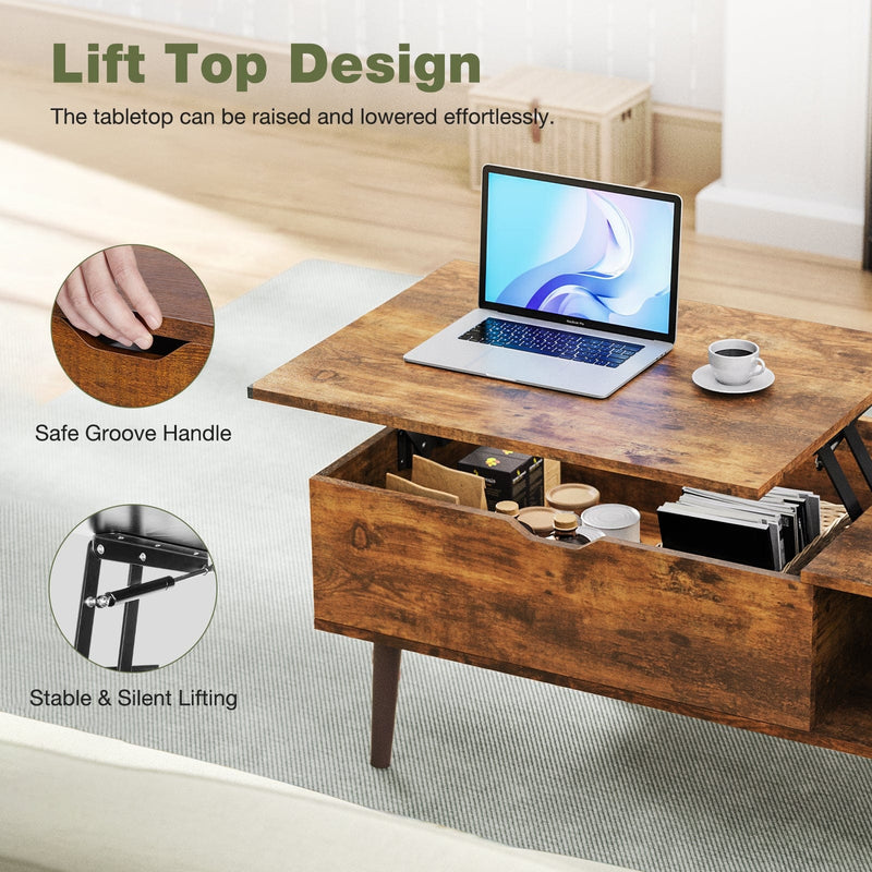 JONPONY Wood Coffee Table,Lift Top Coffee Table with Hidden Compartment and Large Storage Shelf, Lift Tabletop Dining Center Table for Home Living Room Office, Black