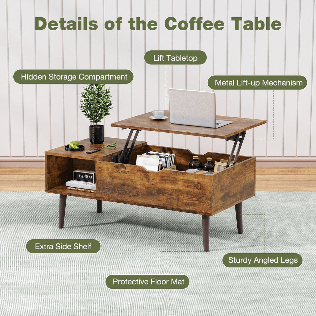 JONPONY Wood Coffee Table,Lift Top Coffee Table with Hidden Compartment and Large Storage Shelf, Lift Tabletop Dining Center Table for Home Living Room Office, Black