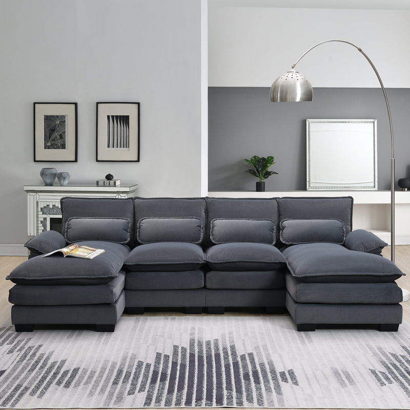 JONPONY110" Modular Sectional Sofa with Double Cushion Sleeper Chaise,Modern Comfy Velvet Couch with Waist Pillows for Living Room,Grey