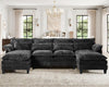 JONPONY110" Modular Sectional Sofa with Double Cushion Sleeper Chaise,Modern Comfy Velvet Couch with Waist Pillows for Living Room,Grey