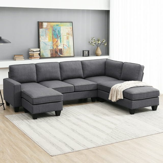 104.3 inch Modern Sectional Sofa,7-seat Linen Fabric Couch Set with Chaise Lounge and Convertible Ottoman for Living Room,Apartment,Office,Grey