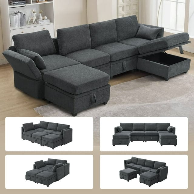 109 inch Chenille Modular Sectional Sofa,U Shaped Couch with Adjustable Armrests and Backrests,6 Seat Reversible Sofa Bed with Storage Seats for Living Room