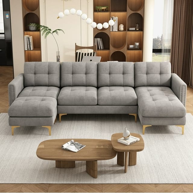 111 inchU Shape Convertible Sectional Sofa Couch with Movable Ottoman for Living Room, Apartment, Office, Light Grey