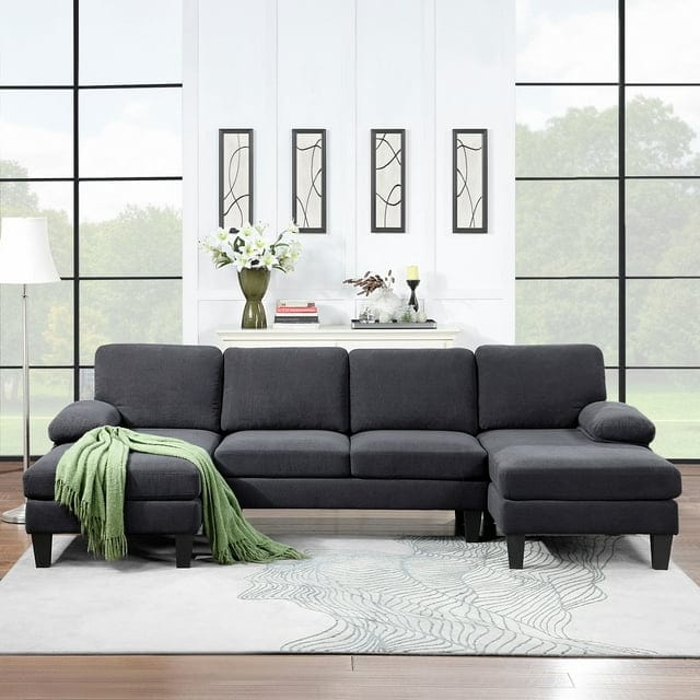 112*56 inch Granular Velvet Sofa,U-Shaped Couch with Oversized Seat,6-Seat Sofa Bed with Double Chaise,Comfortable and spacious indoor furniture for Living Room,Dark Grey