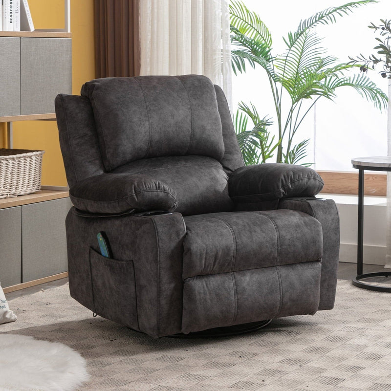 38.19 inch Wide Manual Swivel Rocker Recliner Chair,Velvet sofa with Massager and Heat,Usb, Cup holders -GREY