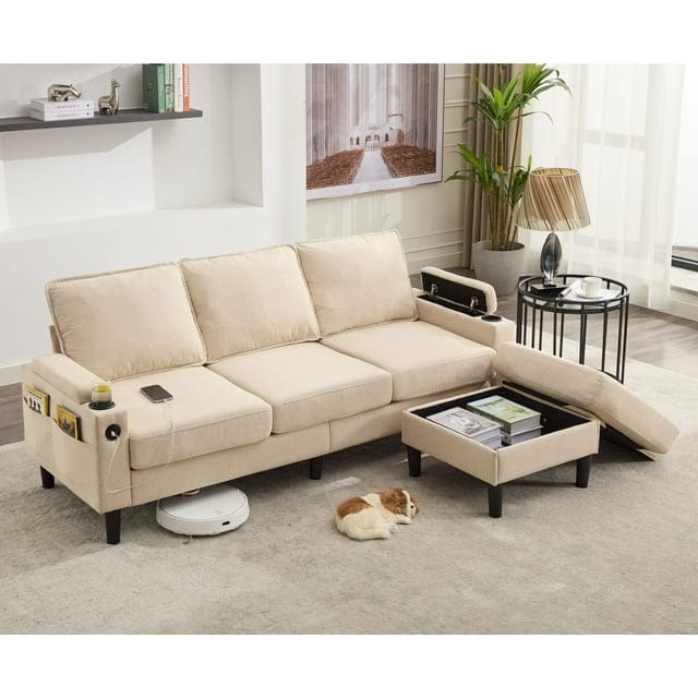 42.91 inch 3-seat combo sofa with storage ottoman for living room apartment bedroom and compact room, Upholstered sectional Couch£¬Beige