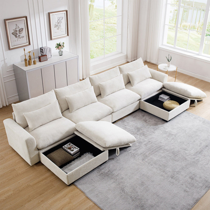 Comfort U Shaped Couch with Reversible Chaise, Modular Large U-Shape Sectional Sofa, Double Extra Ottomans,Beige Chenille