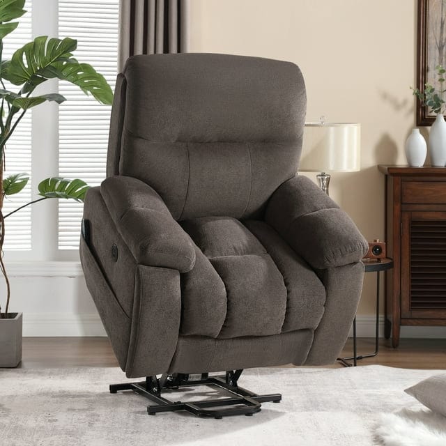 Large Power Lift Recliner Chair with Massage and Heat for Elderly, Overstuffed Wide Recliners, Heavy Duty Reclining with USB Ports, 2 Concealed Cup Holders