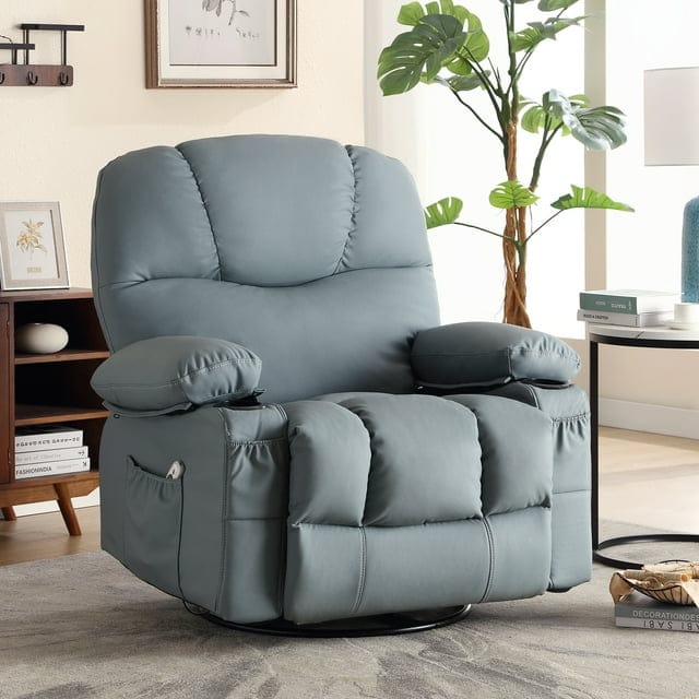 Leather match Manual Swivel Massage Recliner Chair with Heat and Vibration,Cup Holders-Blue
