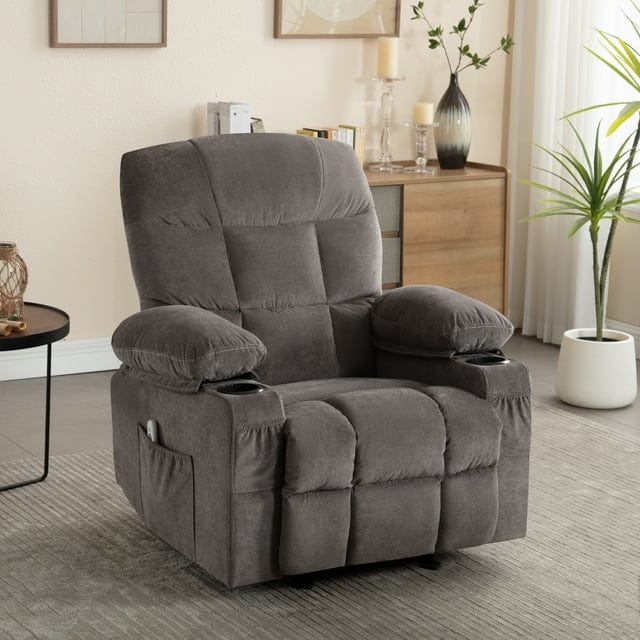 Manual Roker Massage Recliner Chair,Home Theater with Heat and Vibration with USB Port,Cup Holders-GREY