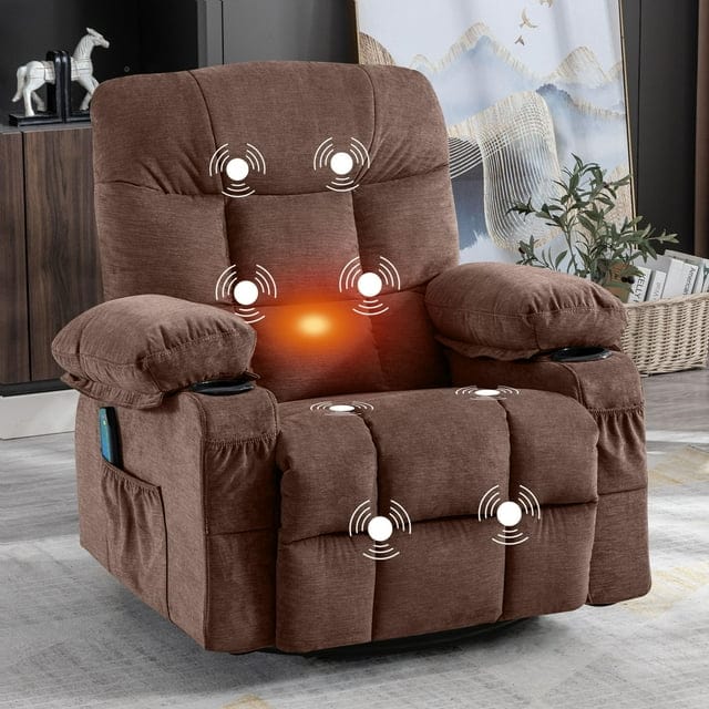 Massage Rocker Recliner Chair with Vibration Massage and Heat Ergonomic Lounge Chair for Living Room with Rocking Function and Side Pocket, 2 Cup Holders, USB Charge Port,Brown