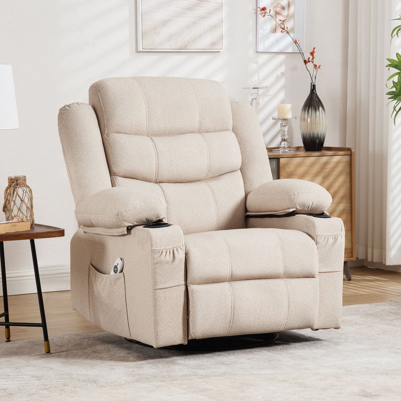 Massage Swivel Rocker Recliner Chair Heat Ergonomic Lounge Chair for Living Room,with USB Port,Cup Holders,Beige