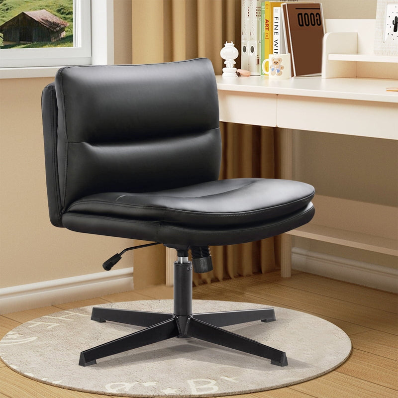 Office Chair Armless Criss Cross Legged Chair No Wheels, Comfy Home Office Desk Chairs, Adjustable Swivel Pu Leather Vanity Task Computer Chair,Black