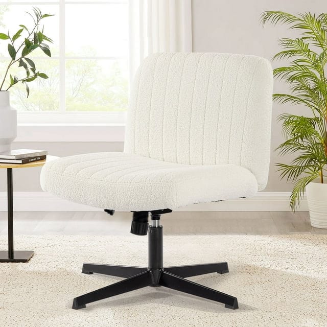Office Chair Armless Desk Chair No Wheels, Sherpa Padded Wide Seat Home Office Chairs, 115¡ã Rocking Mid Back Cute Computer Chair for Bedroom, Vanity, Makeup,Whtie