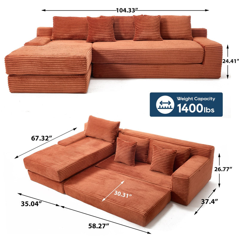 L-Shaped Sectional Couches for Living Room with Memory Foam & Steel Frame - No Assembly Convertible Sofa Bed, Corduroy Fabric Compression Sofa, Modular Couch for Bedrooms,Home Theater