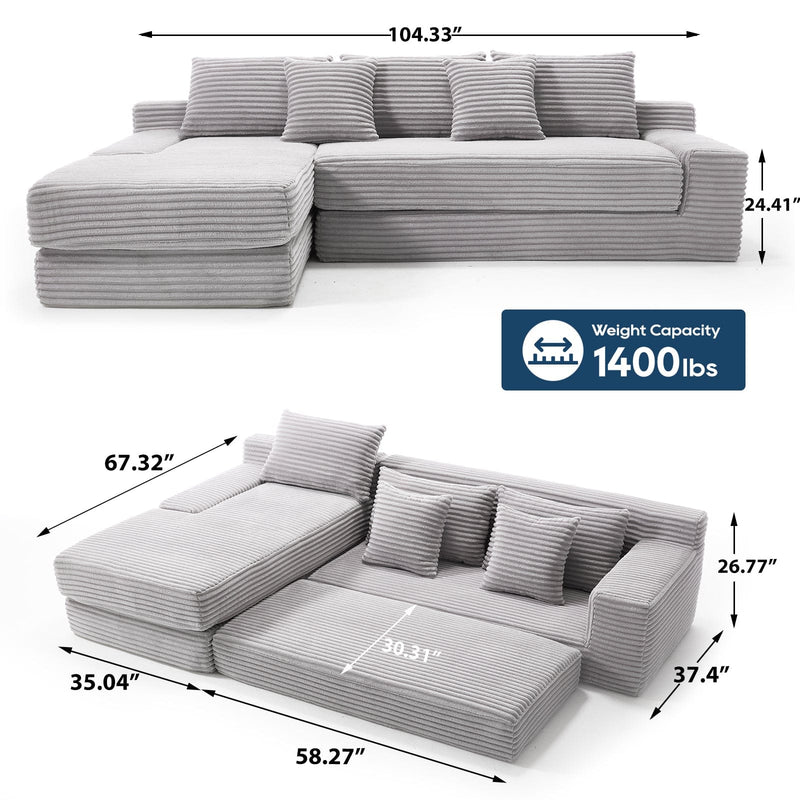 L-Shaped Sectional Couches for Living Room with Memory Foam & Steel Frame - No Assembly Convertible Sofa Bed, Corduroy Fabric Compression Sofa, Modular Couch for Bedrooms,Home Theater
