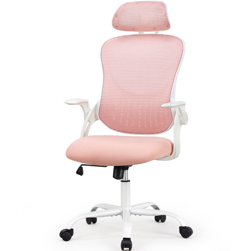 Office chair, comfortable swivel chair with high back, wheels, adjustable headrest, comfortable lumbar support, flip arm, black