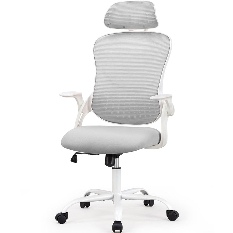 Office chair, comfortable swivel chair with high back, wheels, adjustable headrest, comfortable lumbar support, flip arm, black
