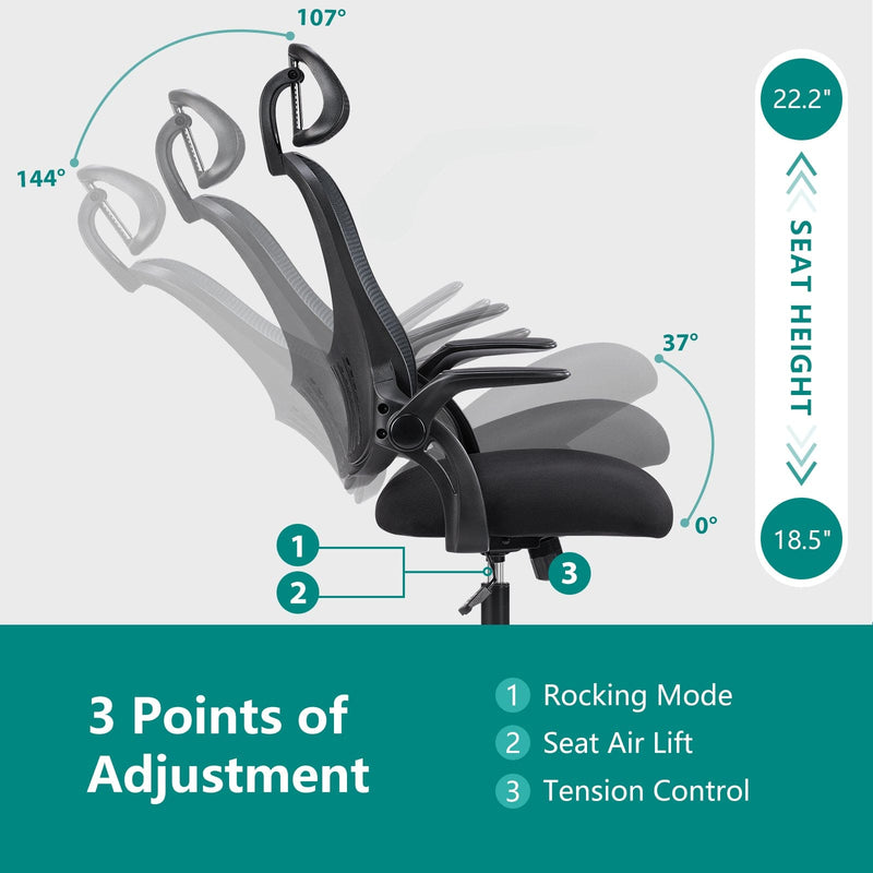 Office chair, comfortable swivel chair with high back, wheels, adjustable headrest, comfortable lumbar support, flip arm, black