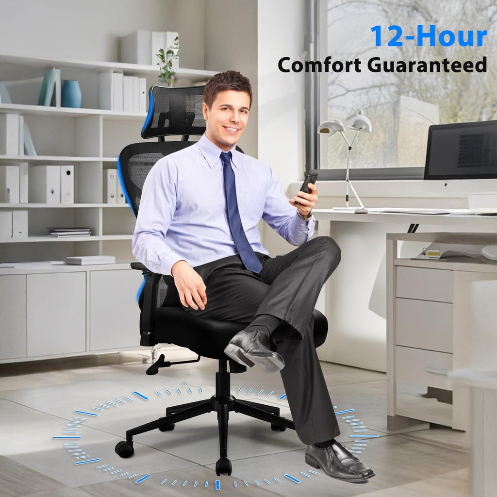 JONPONY Big and Tall Office Chair, 500lbs Desk Chair, Ergonomic Office Chair, Adjustable Lumbar Support, Headrest & 3D Armrest, Thickened Cushion has a Spring Pack in The Middle,Black