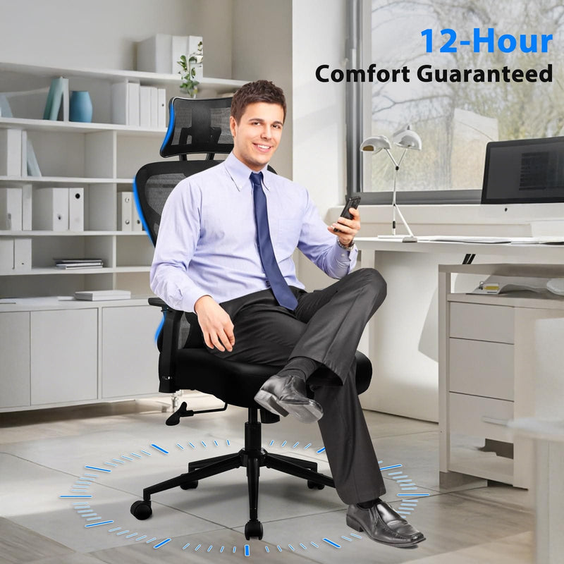 JONPONY Big and Tall Office Chair, 500lbs Desk Chair, Ergonomic Office Chair, Adjustable Lumbar Support, Headrest & 3D Armrest, Thickened Cushion has a Spring Pack in The Middle,Black