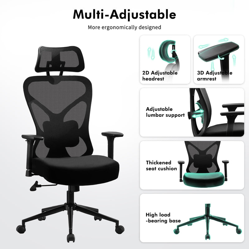 JONPONY Big and Tall Office Chair, 500lbs Desk Chair, Ergonomic Office Chair, Adjustable Lumbar Support, Headrest & 3D Armrest, Thickened Cushion has a Spring Pack in The Middle,Black