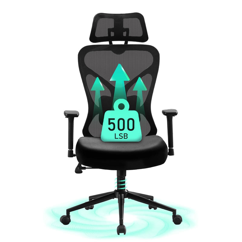 JONPONY Big and Tall Office Chair, 500lbs Desk Chair, Ergonomic Office Chair, Adjustable Lumbar Support, Headrest & 3D Armrest, Thickened Cushion has a Spring Pack in The Middle,Black