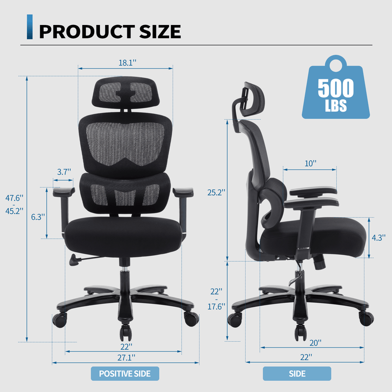 JONPONY Big and Tall Office Chair 500LBS Ergonomic Office Chair for Heavy People with Heavy Duty Metal Base, Dynamic Lumbar Support, Adjustable Armrest and Headrest Mesh Chair,Black