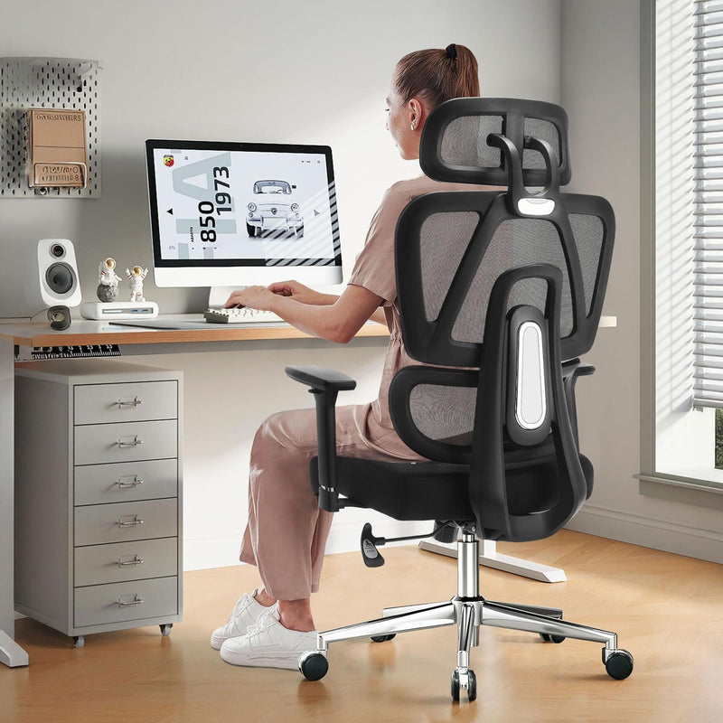 JONPONY Ergonomic Office Chair with Adjustable Backrest and Armrest Breathable Mesh Desk with Adaptive Headrest and Lumbar Support X Chair Office Chair with Wheel, Black