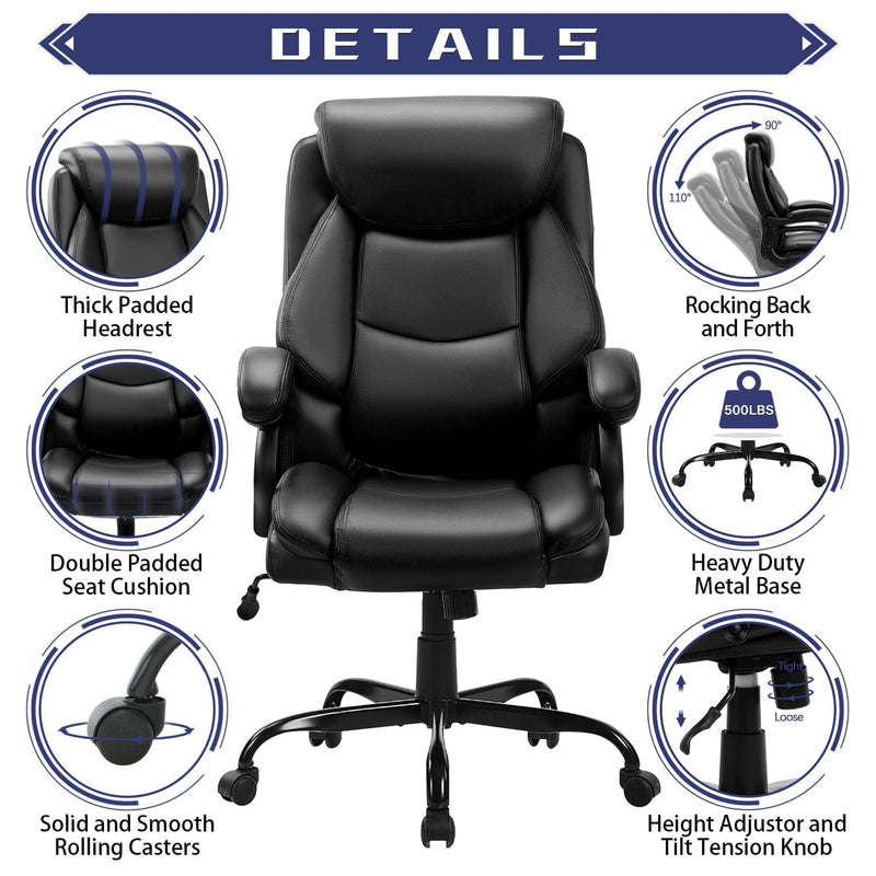 JONPONY Big and Tall Office Chair 500LBS Wide Seat Ergonomic Computer Desk Chair High Back Executive Leather Chair Adjustable Task Chair Lumbar Back Support 8 Hours Heavy Duty Design,Black