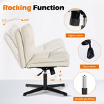 JONPONY PU Leather Armless Office Desk Chair No Wheels,Criss Cross Legged Home Office Chair, Wide Padded Swivel Vanity Chair,120Rocking Mid Back Ergonomic Computer Task Chair for Make Up,Beige