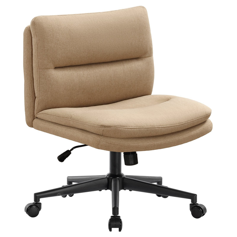 JONPONY PU Leather Armless Office Desk Chair No Wheels,Criss Cross Legged Home Office Chair, Wide Padded Swivel Vanity Chair,120Rocking Mid Back Ergonomic Computer Task Chair for Make Up,Beige