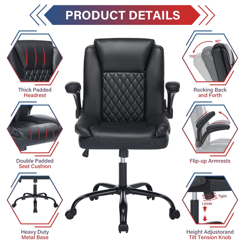 JONPONY Big and Tall Office Chair 300LBS Wide Seat Ergonomic Computer Desk Chair High Back Executive Leather Chair Adjustable Task Chair Lumbar Back Support 8 Hours Heavy Duty Design,Black