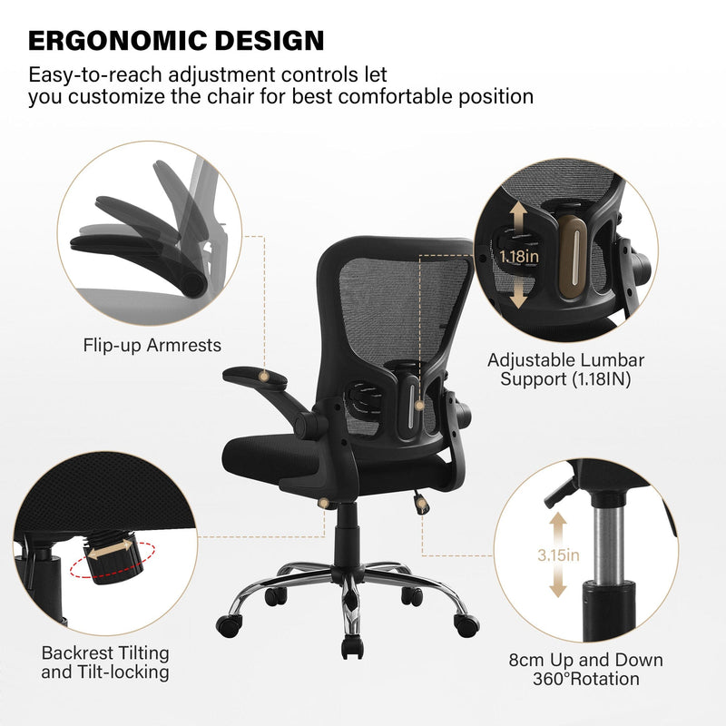 JONPONY Big and Tall Office Chair 400LBS，Ergonomic Office Chair, Task Chair, Comfort Desk Chair with Adjustable Lumbar Support and Flip up Arms, 400lb, Black