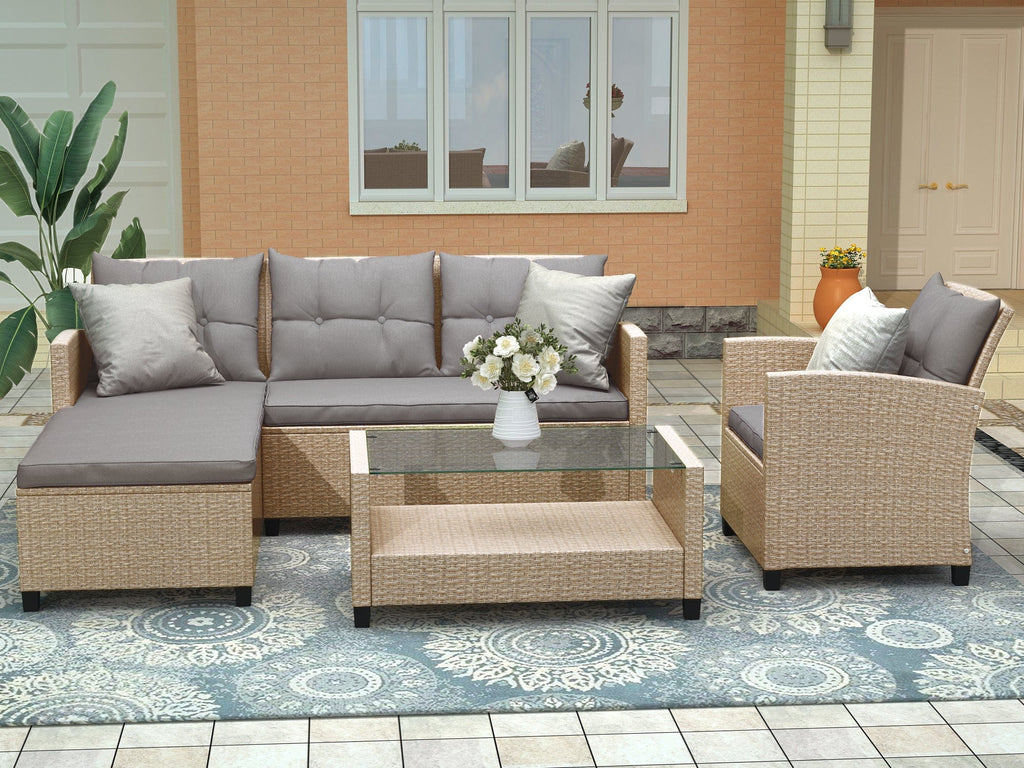 JONPONY Outdoor, Patio Furniture Sets, 4 Piece Conversation Set Wicker Ratten Sectional Sofa with Seat Cushions(Beige Brown)