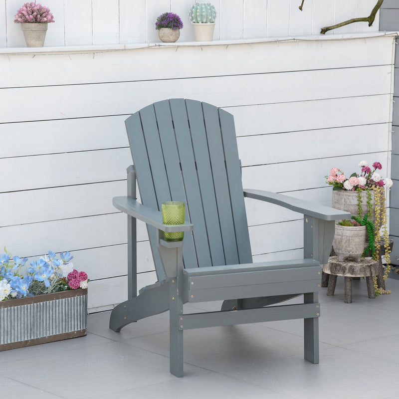 JONPONY Outsunny Wooden Adirondack Chair, Outdoor Patio Lawn Chair with Cup Holder, Weather Resistant Lawn Furniture, Classic Lounge for Deck, Garden, Backyard, Fire Pit, Dark Gray