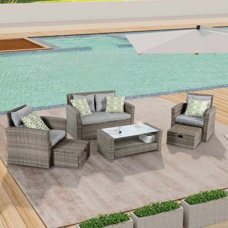 JONPONY Patio Furniture Rattan Sectional Sofa Set, Outdoor Furniture, All-Weather PE Wicker Furniture, 6 Set Wicker Furniture With Tempered Glass Coffee Table