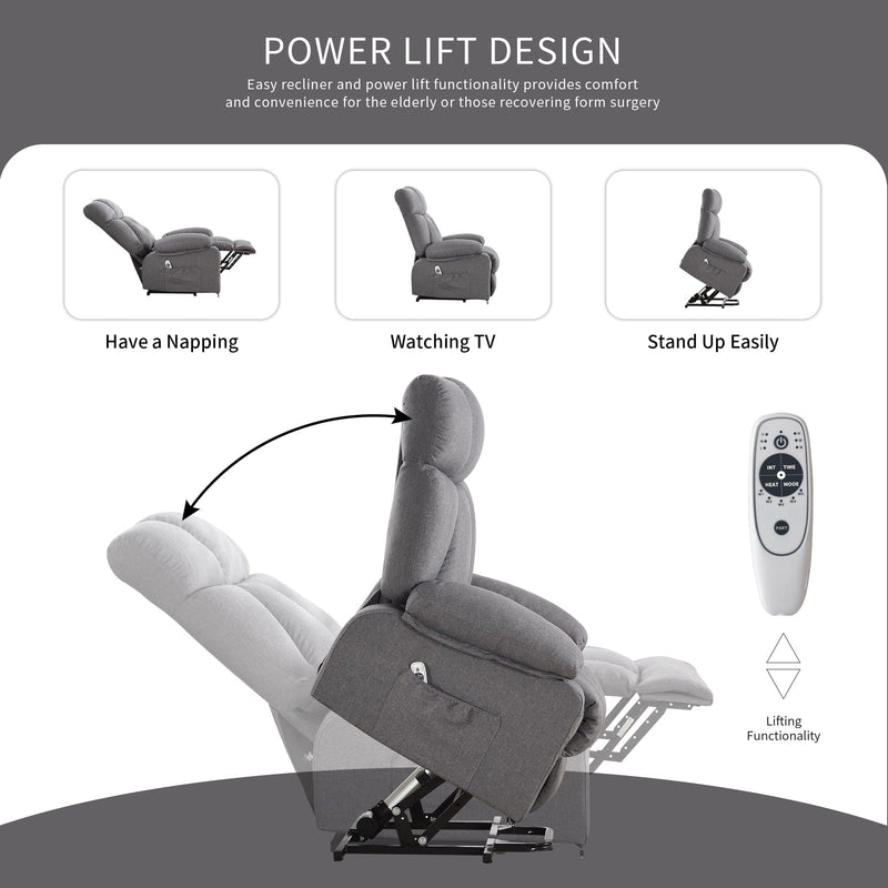 JONPONY Power Lift Recliner Chair Recliners for Elderly with Heat and Massage Recliner Chair for Living Room with Infinite Position and Side Pocket,USB Charge Port,Grey