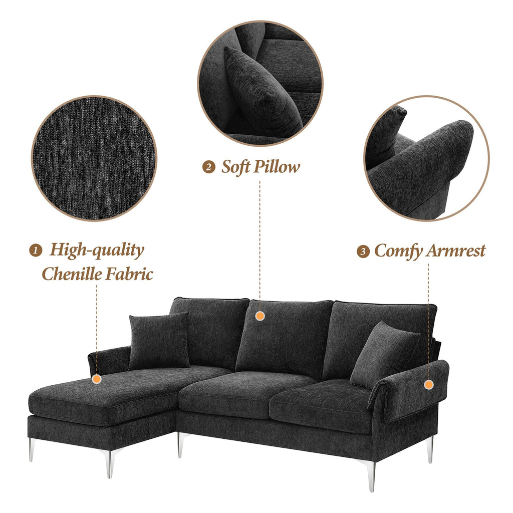 JONPONY 84 " Convertible Sectional Sofa, Modern Chenille L-Shaped Sofa Couch with Reversible Chaise Lounge, Fit for Living Room, Apartment,Black