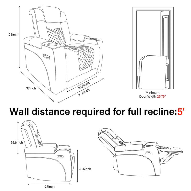 JONPONY Home Power Recliner Chair with USB Ports and Cup Holders,Electric Home Theater Seating with Hidden Arm Storage,Black