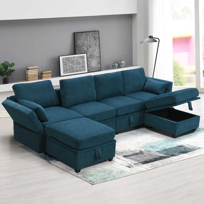 JONPONY Chenille Modular Sectional Sofa,U Shaped Couch with Adjustable Armrests and Backrests,6 Seat Reversible Sofa Bed with Storage Seats for Living Room